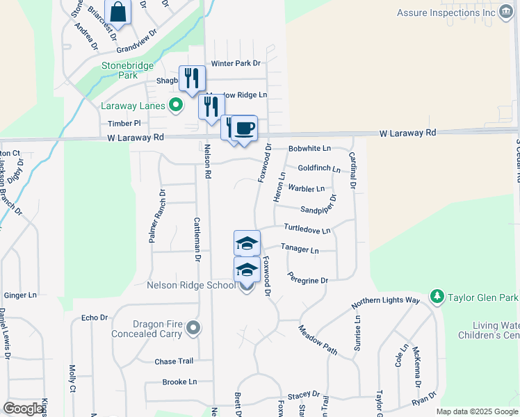 map of restaurants, bars, coffee shops, grocery stores, and more near 2296 Foxwood Drive in New Lenox