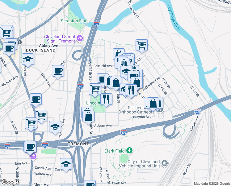 map of restaurants, bars, coffee shops, grocery stores, and more near 1023 Kenilworth Avenue in Cleveland