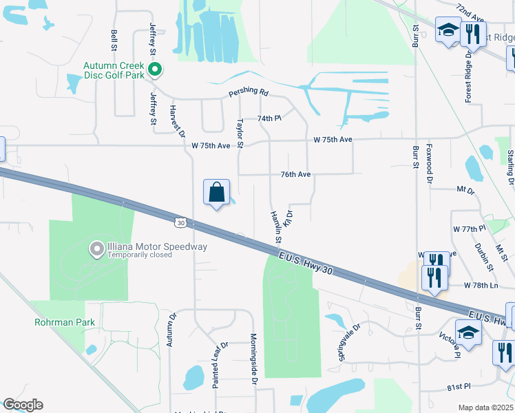map of restaurants, bars, coffee shops, grocery stores, and more near 6406 West Lincoln Highway in Crown Point
