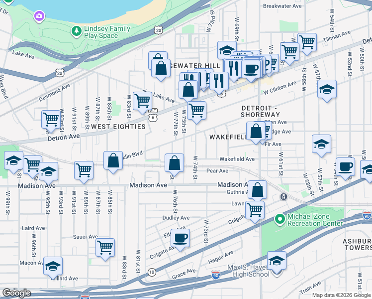 map of restaurants, bars, coffee shops, grocery stores, and more near 1915 West 75th Street in Cleveland