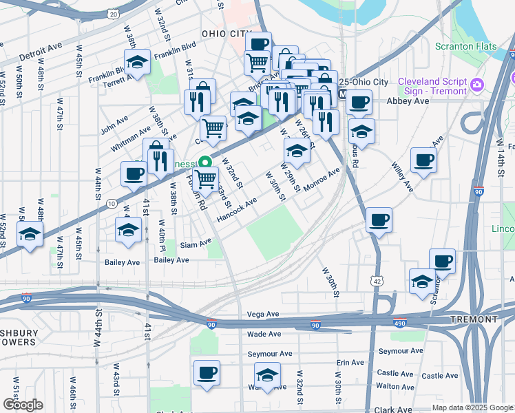 map of restaurants, bars, coffee shops, grocery stores, and more near 2217 West 32nd Street in Cleveland