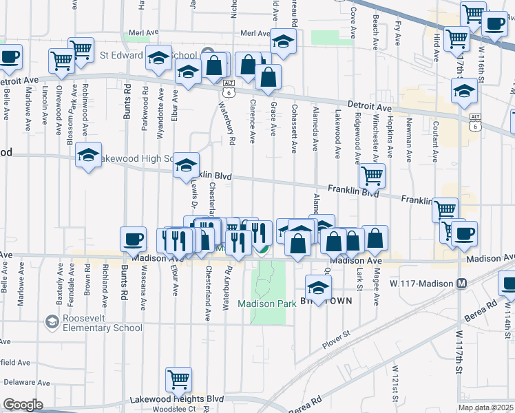 map of restaurants, bars, coffee shops, grocery stores, and more near 1589 Clarence Avenue in Lakewood