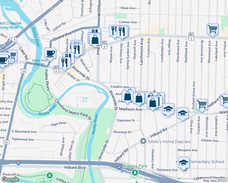 map of restaurants, bars, coffee shops, grocery stores, and more near 1591 Riverside Drive in Lakewood