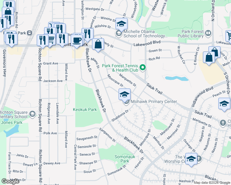 map of restaurants, bars, coffee shops, grocery stores, and more near 325 Mohawk Street in Park Forest