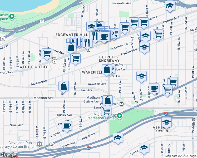 map of restaurants, bars, coffee shops, grocery stores, and more near 6707 Fir Avenue in Cleveland
