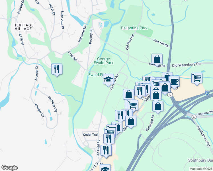 map of restaurants, bars, coffee shops, grocery stores, and more near 307 Old Field Road in Southbury