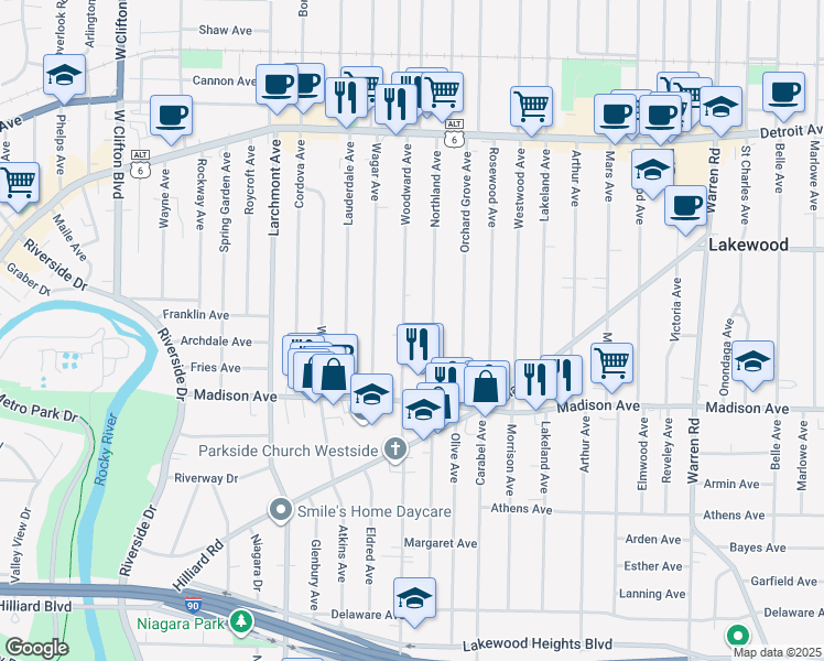 map of restaurants, bars, coffee shops, grocery stores, and more near 1607 Woodward Ave in Lakewood