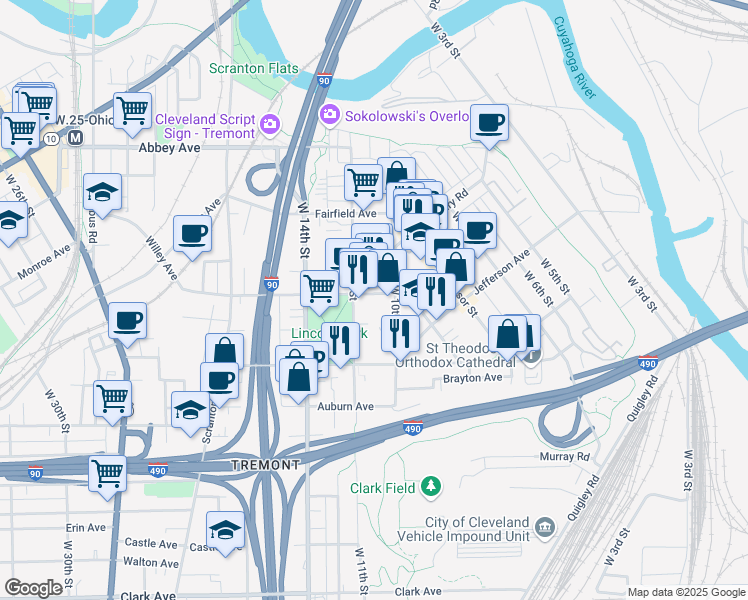 map of restaurants, bars, coffee shops, grocery stores, and more near 1023 Kenilworth Avenue in Cleveland