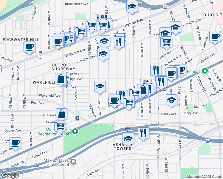 map of restaurants, bars, coffee shops, grocery stores, and more near 1905 West 54th Street in Cleveland