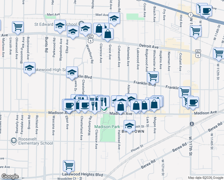 map of restaurants, bars, coffee shops, grocery stores, and more near 1587 Grace Avenue in Lakewood