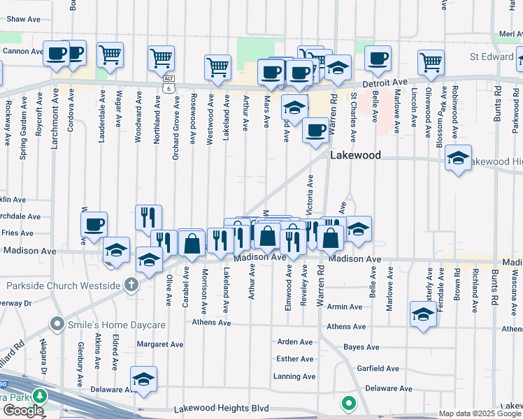 map of restaurants, bars, coffee shops, grocery stores, and more near 1596 Mars Avenue in Lakewood