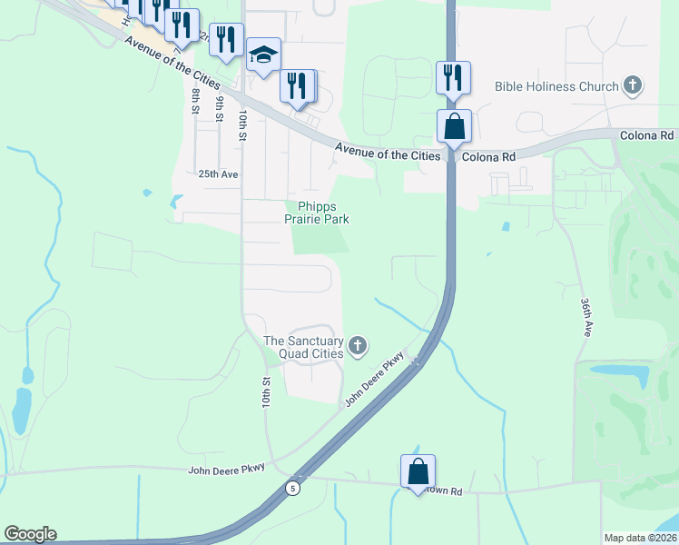 map of restaurants, bars, coffee shops, grocery stores, and more near 1305 28th Avenue in Silvis