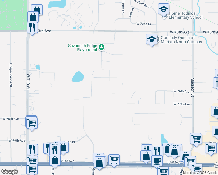 map of restaurants, bars, coffee shops, grocery stores, and more near 7800 Buchanan Appr in Merrillville