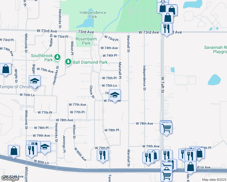 map of restaurants, bars, coffee shops, grocery stores, and more near 2918 W 76th Ln in Merrillville