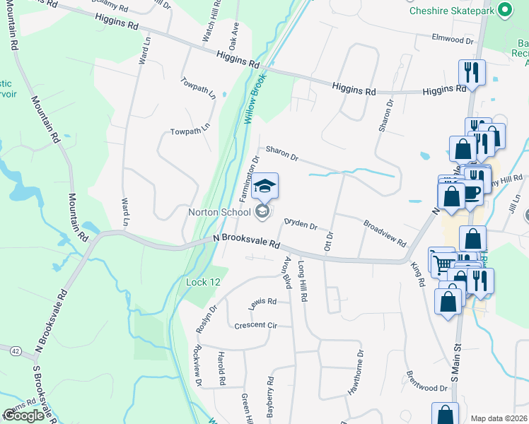 map of restaurants, bars, coffee shops, grocery stores, and more near 414 North Brooksvale Road in Cheshire