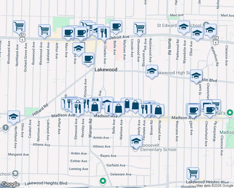 map of restaurants, bars, coffee shops, grocery stores, and more near 1611 Belle Avenue in Lakewood