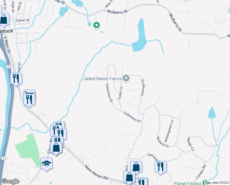 map of restaurants, bars, coffee shops, grocery stores, and more near 123 Celentano Drive in Naugatuck