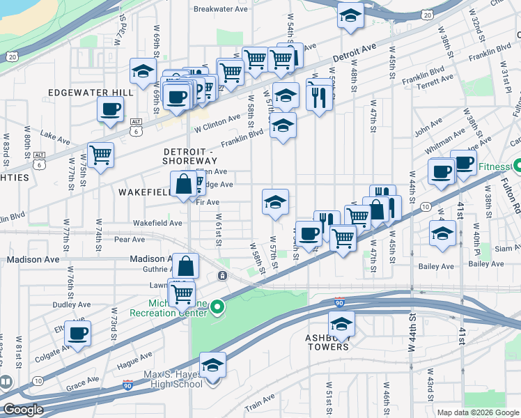 map of restaurants, bars, coffee shops, grocery stores, and more near 1917 West 58th Street in Cleveland