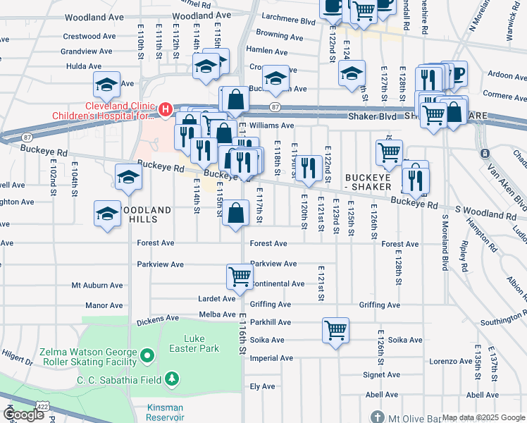 map of restaurants, bars, coffee shops, grocery stores, and more near 2917 E 117th St in Cleveland