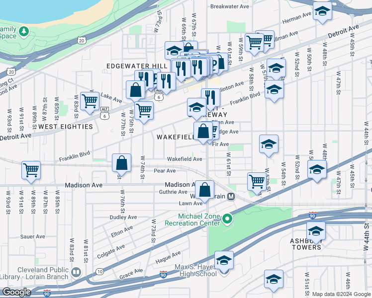 map of restaurants, bars, coffee shops, grocery stores, and more near 6711 Fir Avenue in Cleveland