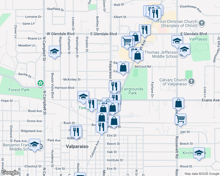 map of restaurants, bars, coffee shops, grocery stores, and more near 349 Harrison Blvd in Valparaiso
