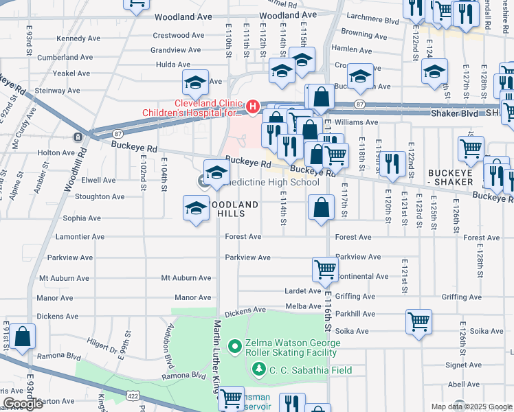 map of restaurants, bars, coffee shops, grocery stores, and more near 2916 East 112th Street in Cleveland