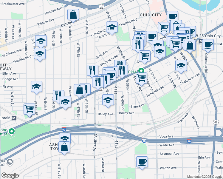 map of restaurants, bars, coffee shops, grocery stores, and more near 2046 West 41st Place in Cleveland