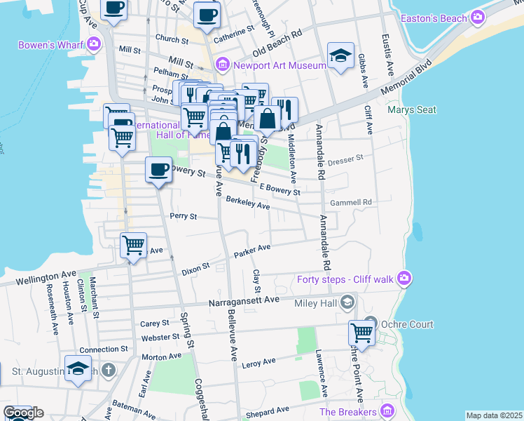 map of restaurants, bars, coffee shops, grocery stores, and more near 27 Berkeley Avenue in Newport