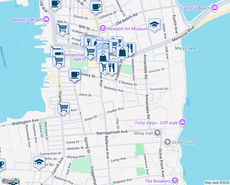 map of restaurants, bars, coffee shops, grocery stores, and more near 11 Berkeley Avenue in Newport