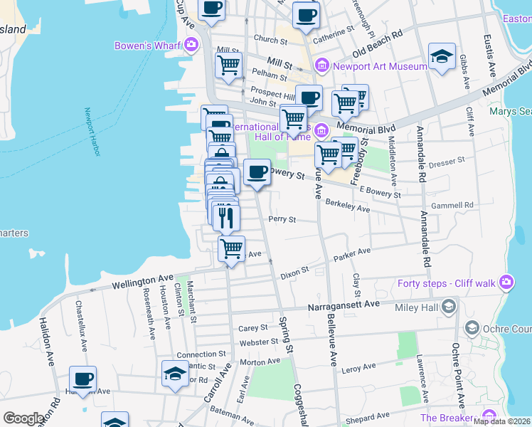 map of restaurants, bars, coffee shops, grocery stores, and more near 35 West Street in Newport