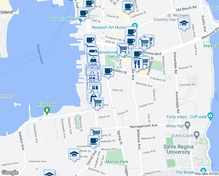 map of restaurants, bars, coffee shops, grocery stores, and more near 35 West Street in Newport