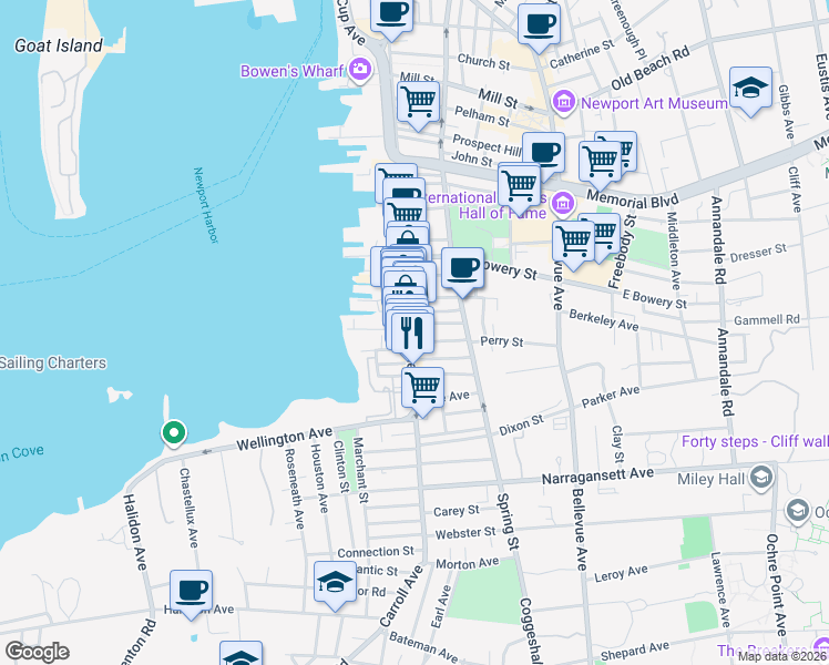 map of restaurants, bars, coffee shops, grocery stores, and more near 501 Thames Street in Newport