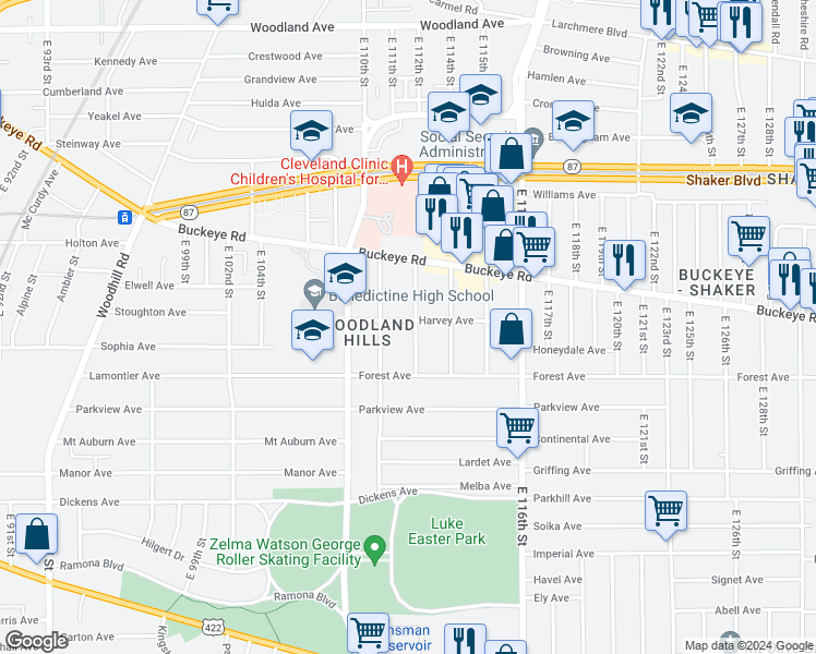 map of restaurants, bars, coffee shops, grocery stores, and more near 2916 East 112th Street in Cleveland