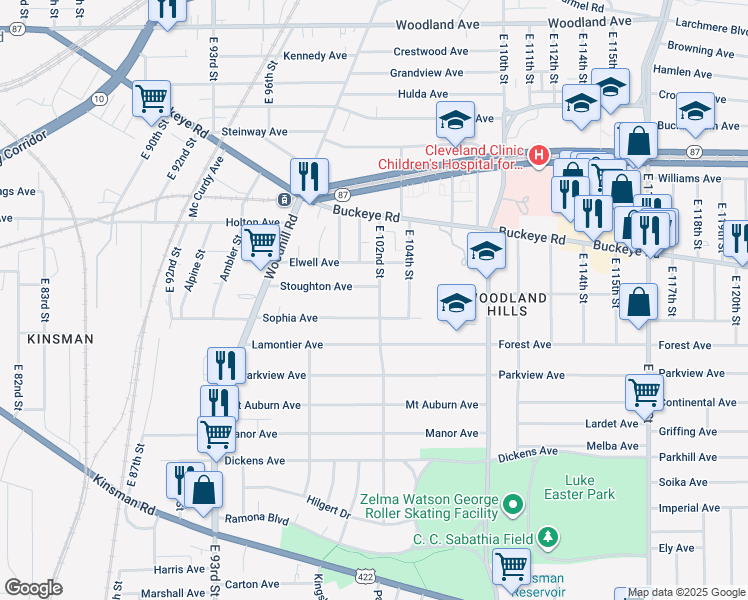 map of restaurants, bars, coffee shops, grocery stores, and more near 10006 Stoughton Avenue in Cleveland