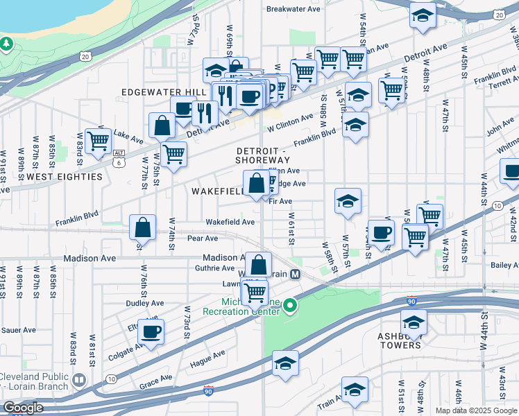 map of restaurants, bars, coffee shops, grocery stores, and more near 1912 West 65th Street in Cleveland
