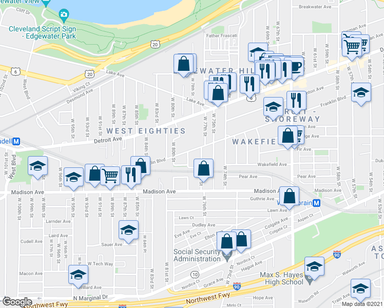 map of restaurants, bars, coffee shops, grocery stores, and more near 1914 West 77th Street in Cleveland