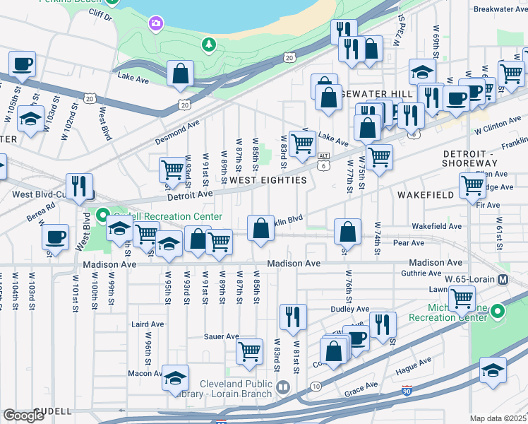 map of restaurants, bars, coffee shops, grocery stores, and more near 1446 West 84th Street in Cleveland