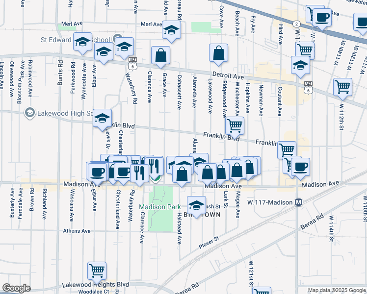 map of restaurants, bars, coffee shops, grocery stores, and more near 1581 Cohassett Avenue in Lakewood