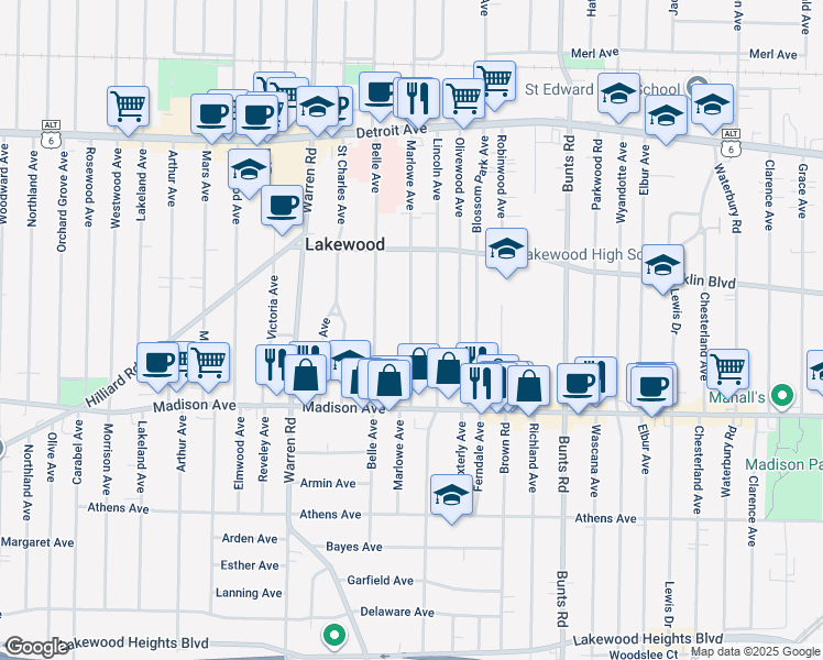 map of restaurants, bars, coffee shops, grocery stores, and more near 1612 Lincoln Avenue in Lakewood