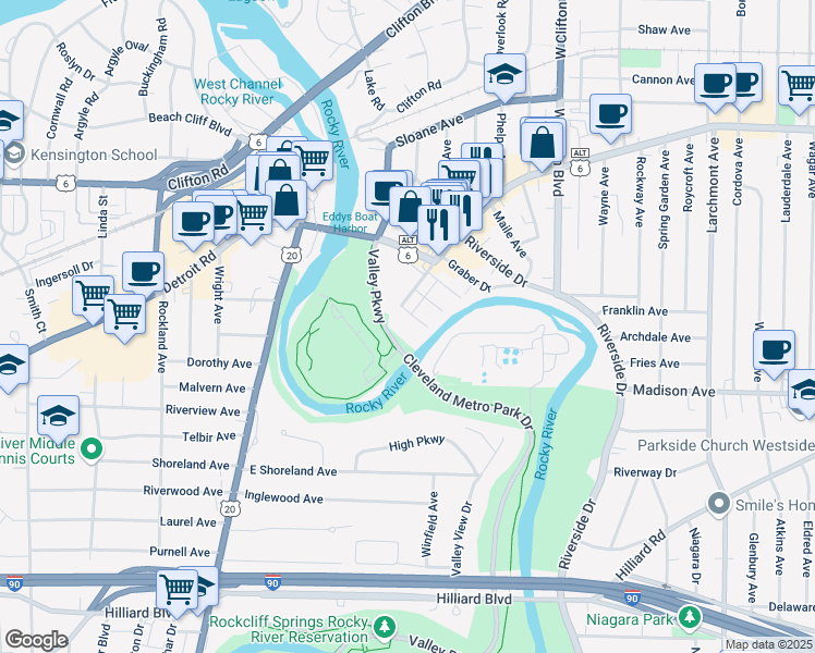map of restaurants, bars, coffee shops, grocery stores, and more near 1431 Scenic Street in Lakewood