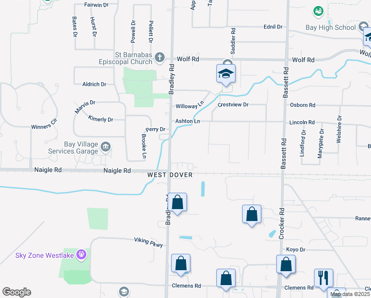 map of restaurants, bars, coffee shops, grocery stores, and more near 591 Bradley Road in Bay Village