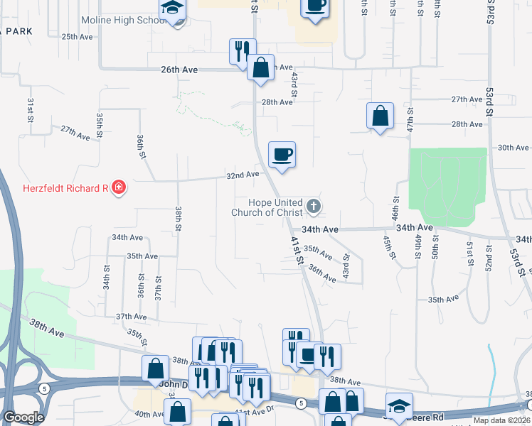 map of restaurants, bars, coffee shops, grocery stores, and more near 3302 41st Street in Moline