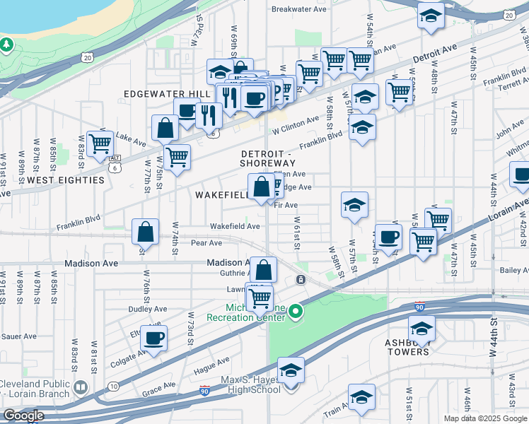 map of restaurants, bars, coffee shops, grocery stores, and more near 1912 West 65th Street in Cleveland