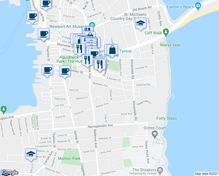 map of restaurants, bars, coffee shops, grocery stores, and more near 27 Berkeley Avenue in Newport