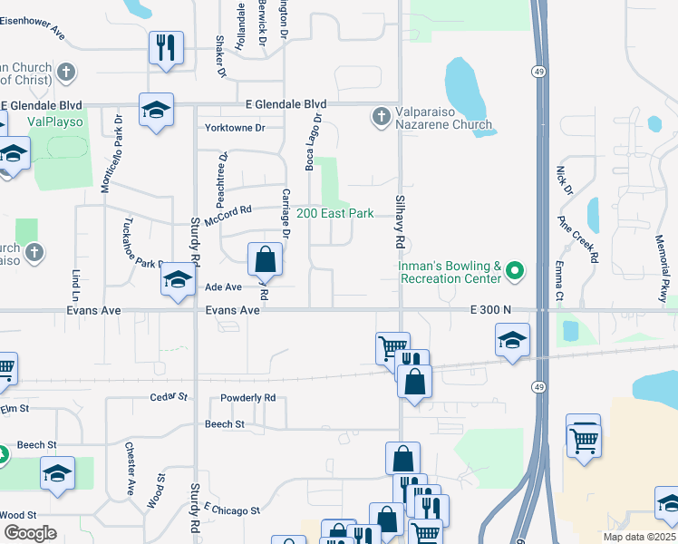 map of restaurants, bars, coffee shops, grocery stores, and more near 1206 Bartlett Drive in Valparaiso