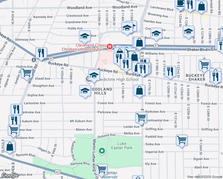 map of restaurants, bars, coffee shops, grocery stores, and more near 2916 East 112th Street in Cleveland