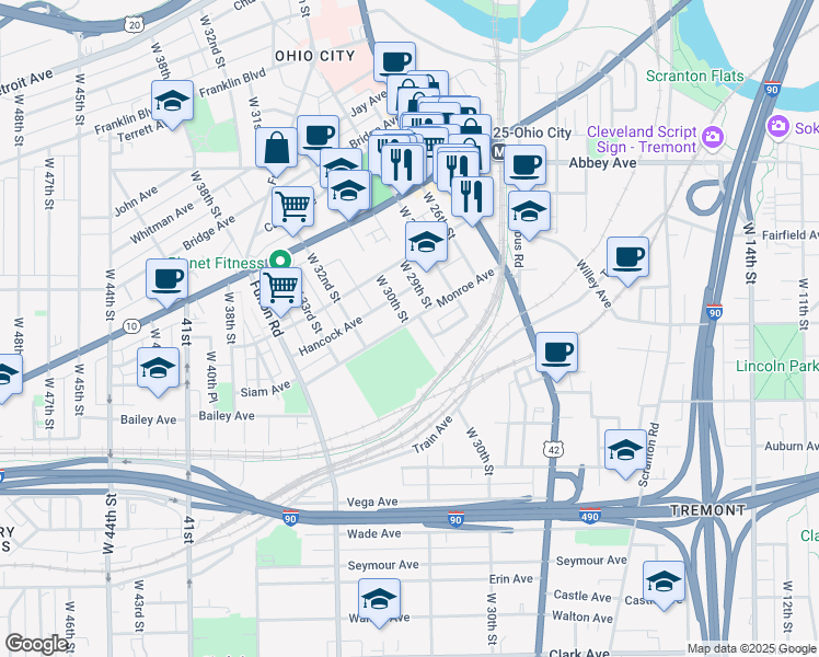 map of restaurants, bars, coffee shops, grocery stores, and more near 3015 Monroe Avenue in Cleveland