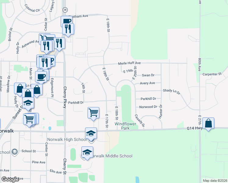 map of restaurants, bars, coffee shops, grocery stores, and more near 1127 East 18th Street in Norwalk