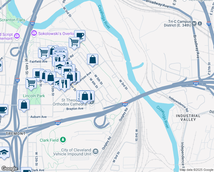map of restaurants, bars, coffee shops, grocery stores, and more near 422 Leedy Court in Cleveland