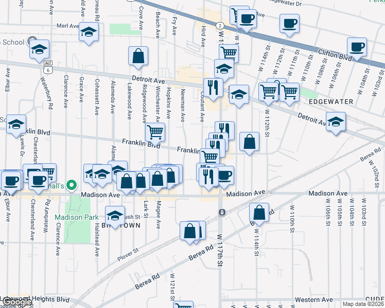 map of restaurants, bars, coffee shops, grocery stores, and more near 11815 Franklin Boulevard in Lakewood